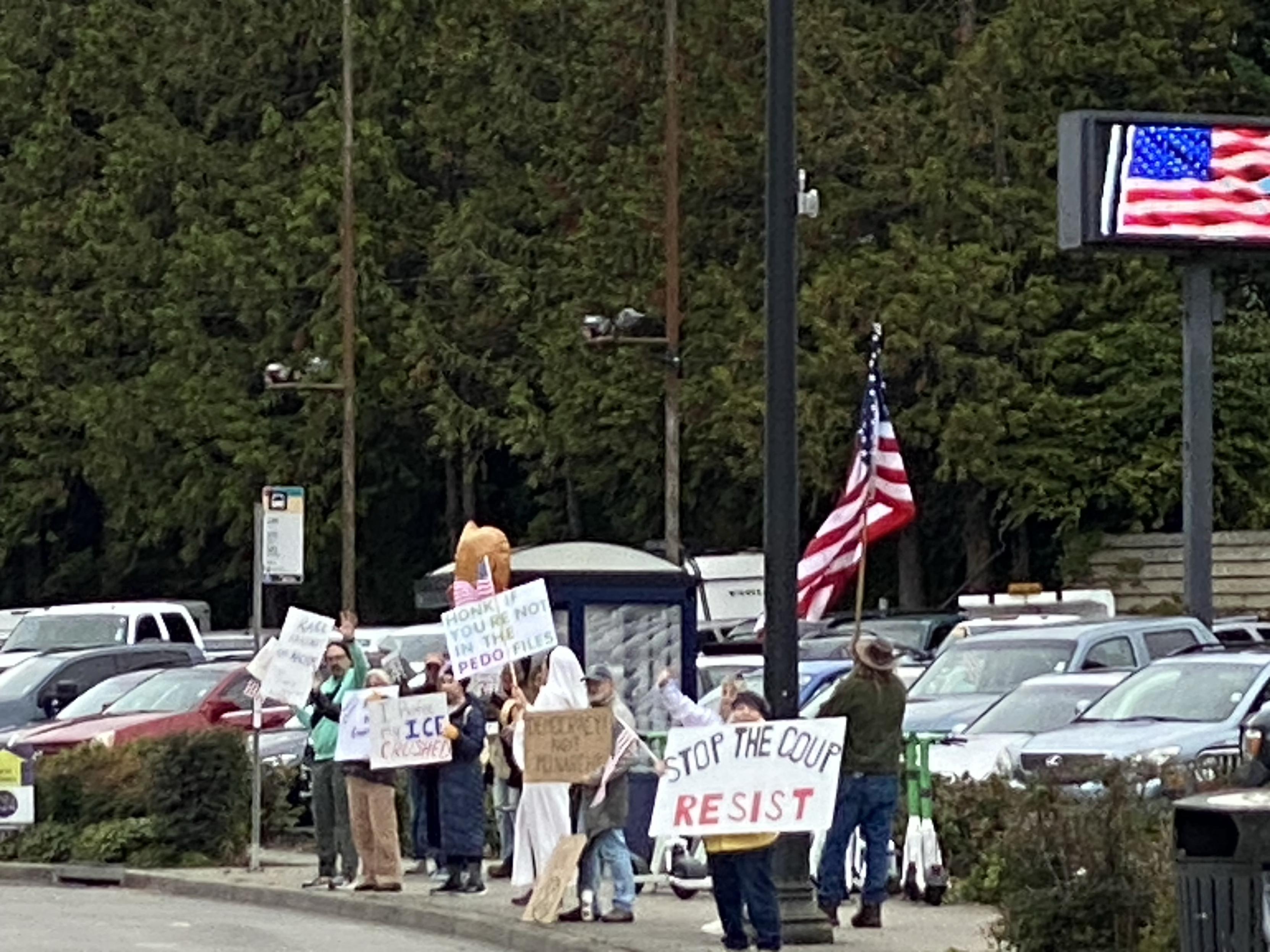 a sizable group of protesters along a sidewalk with a bus stop in front of a car dealership on bothell way
