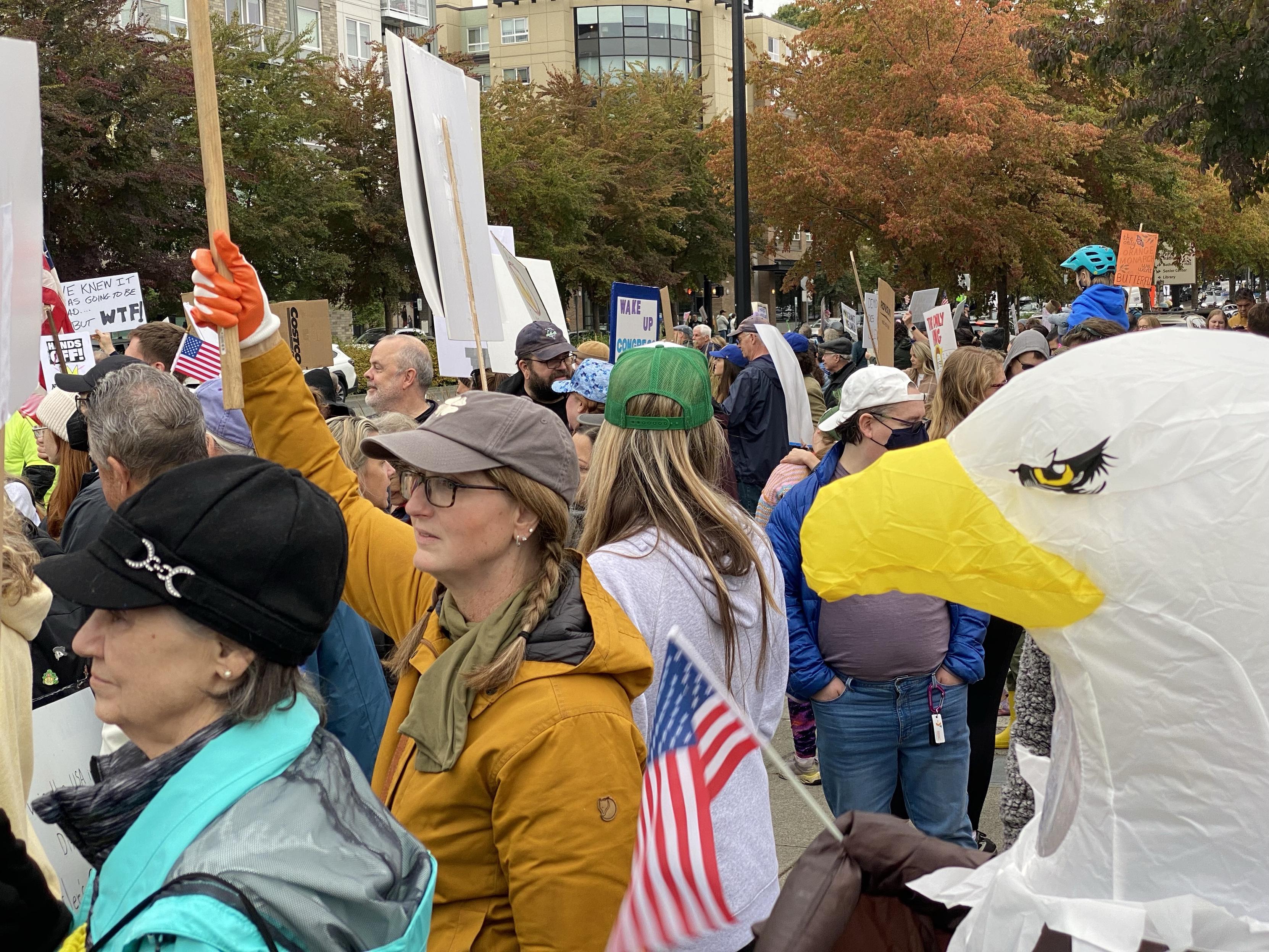 In a crowd with an inflatable bald eagle in the lower right cornet