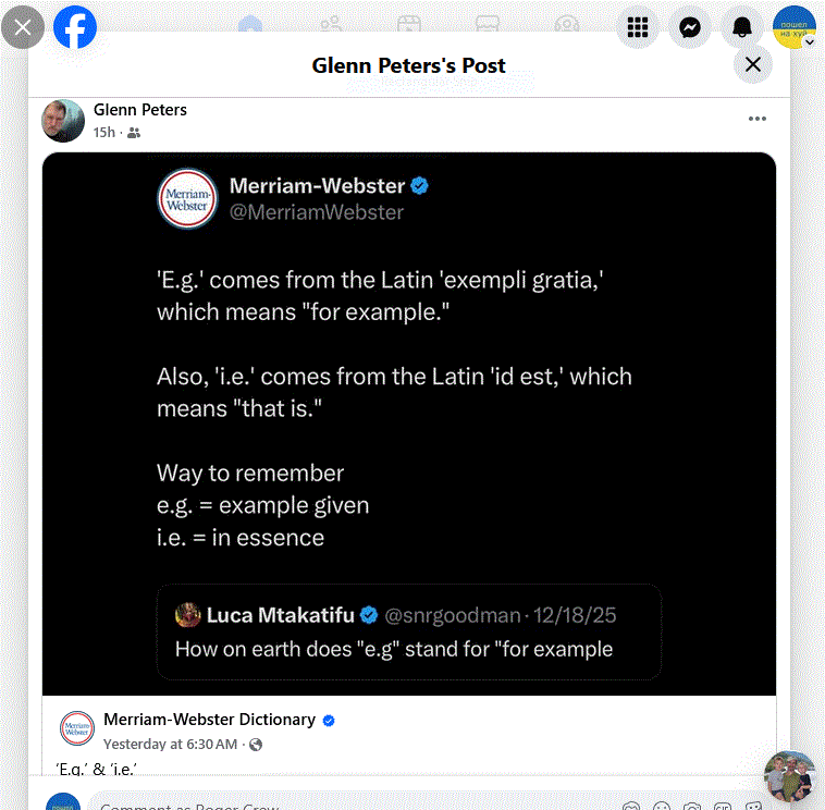 facebook post:

Luca Mtakatifu asks:
"How on earth does 'e.g' stand for 'for example?"

Merriam-Webster replies:
"E.g., comes from the Latin 'exempli gratia,' which means 'for example.'
Also, 'i.e.' comes from the Latin 'id est,' which means 'that is.'
Way to remember:
e.g. = example given
i.e. = in essence
