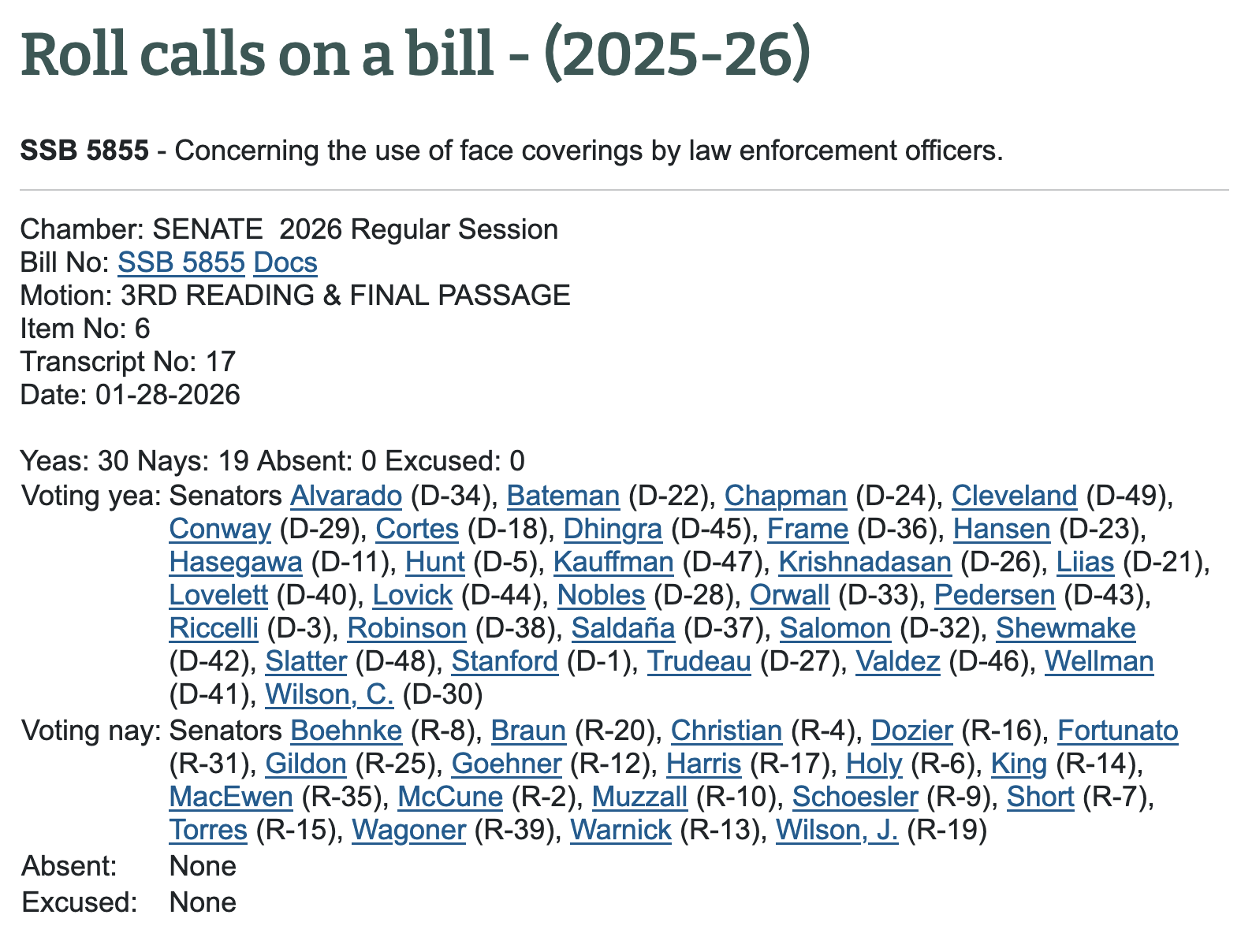 Wummary, final writeup on 3rd reading and final passage of SB 5855, a bill to ban identity concealment by law enforcement officers in most circumstances. 30 yes (all Democrats), 19 no (all Republicans), no absent or excused. Date of passage, January 28, 2026.