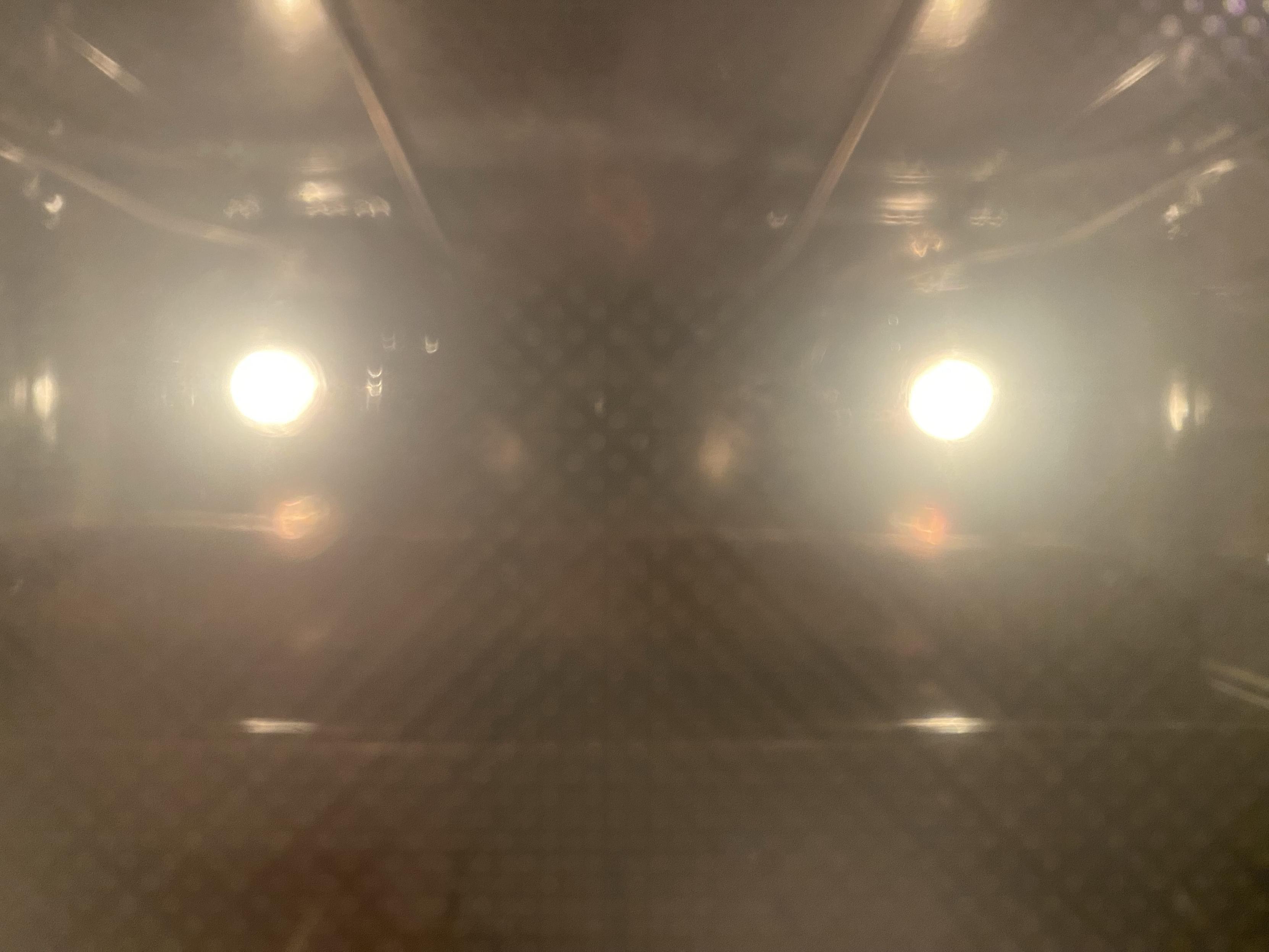 a particularly rotund bagel seen dimly in outline through an oven glass door