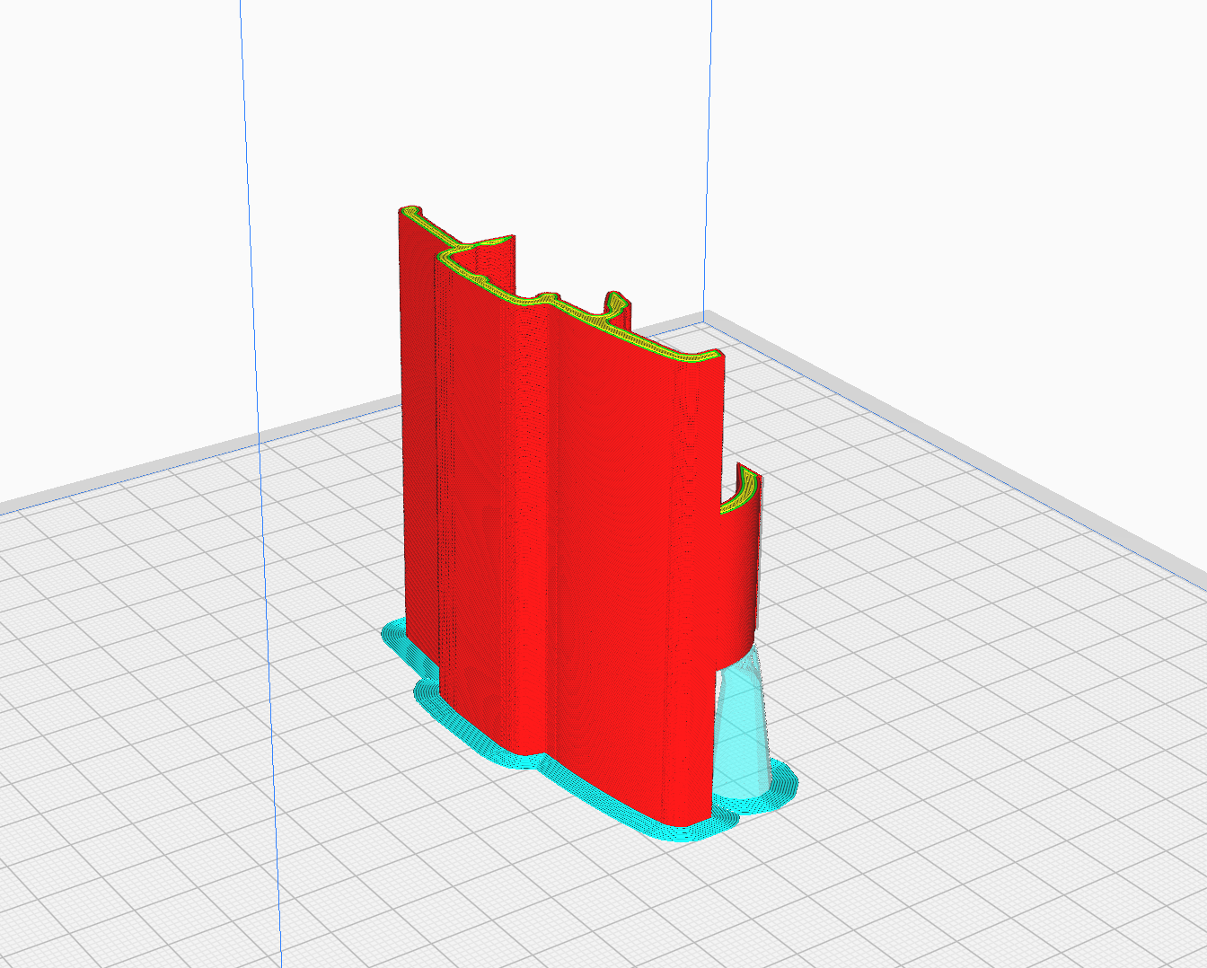 The digital version of the latch seen in the previous post, but expanded, with the missing piece for the middle added, seen sliced in the slicer. It's squibbly! The added bit is a guide tab, 25mm wide, that goes into a hole in the toolcase kid to keep the latch attached when the toolbox is open.
