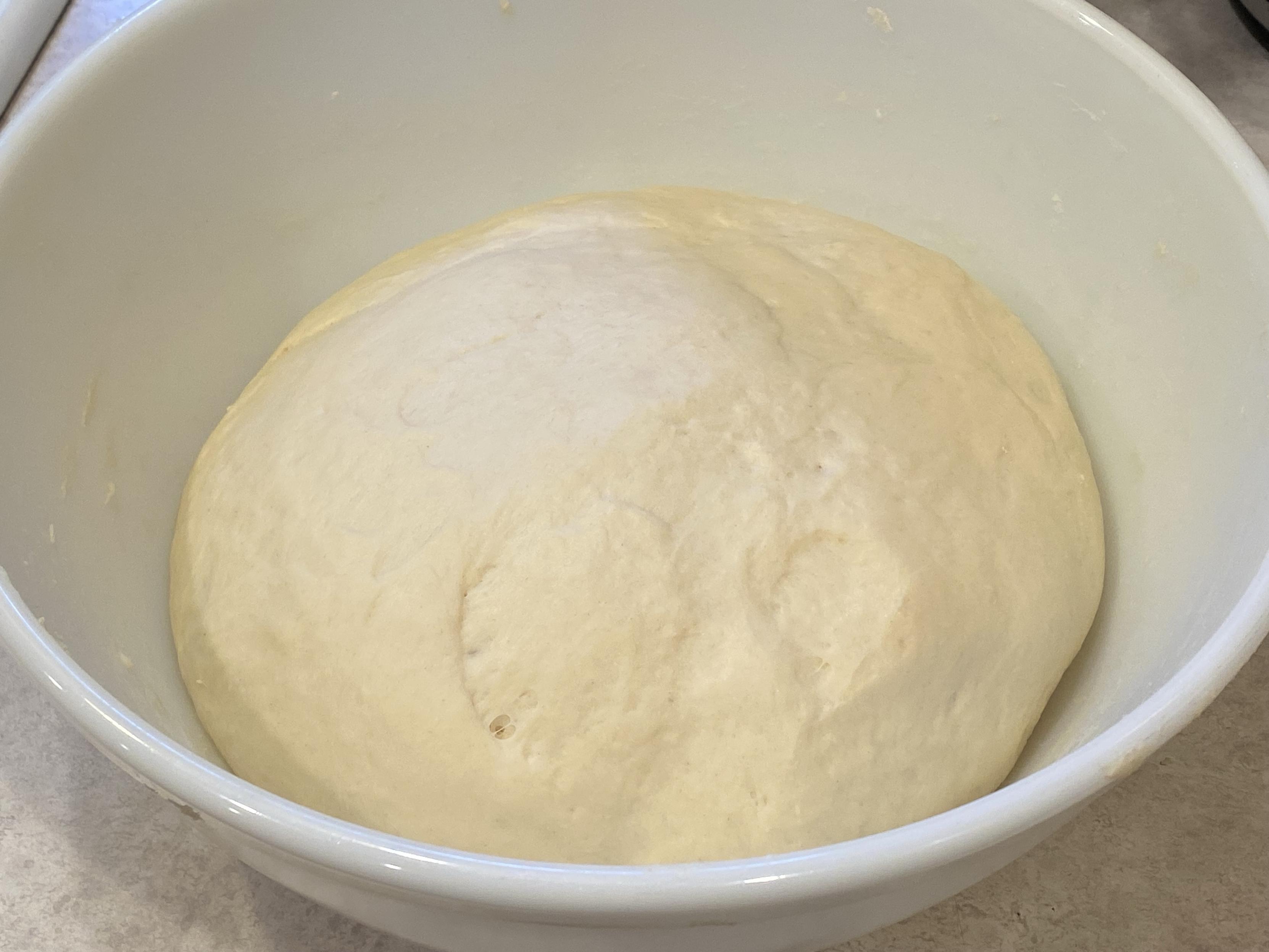 a big white bowl of baguette dough nicely risen