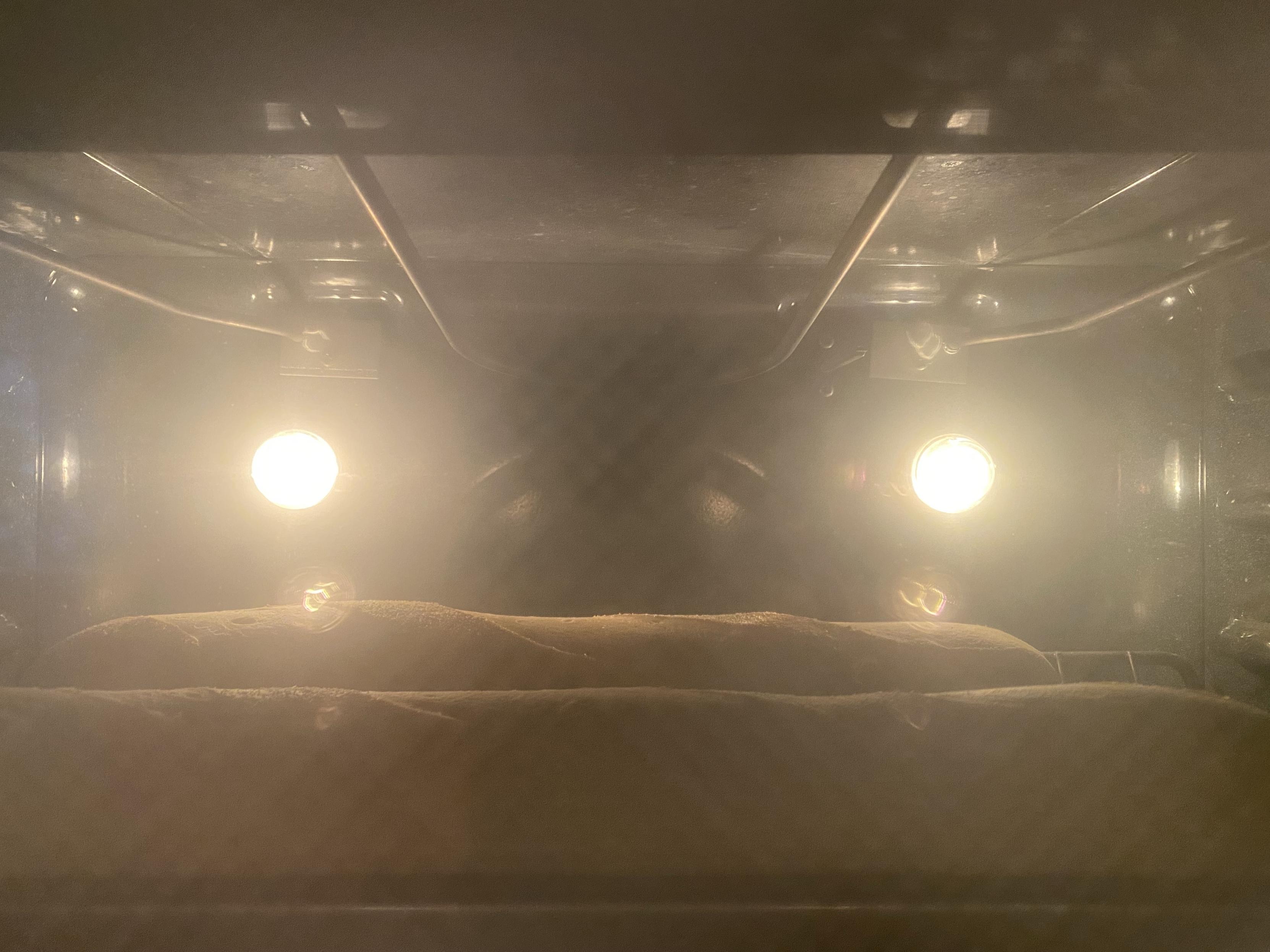 dimly seen baguettes in an oven seen through the door window, rising and starting to firm uo