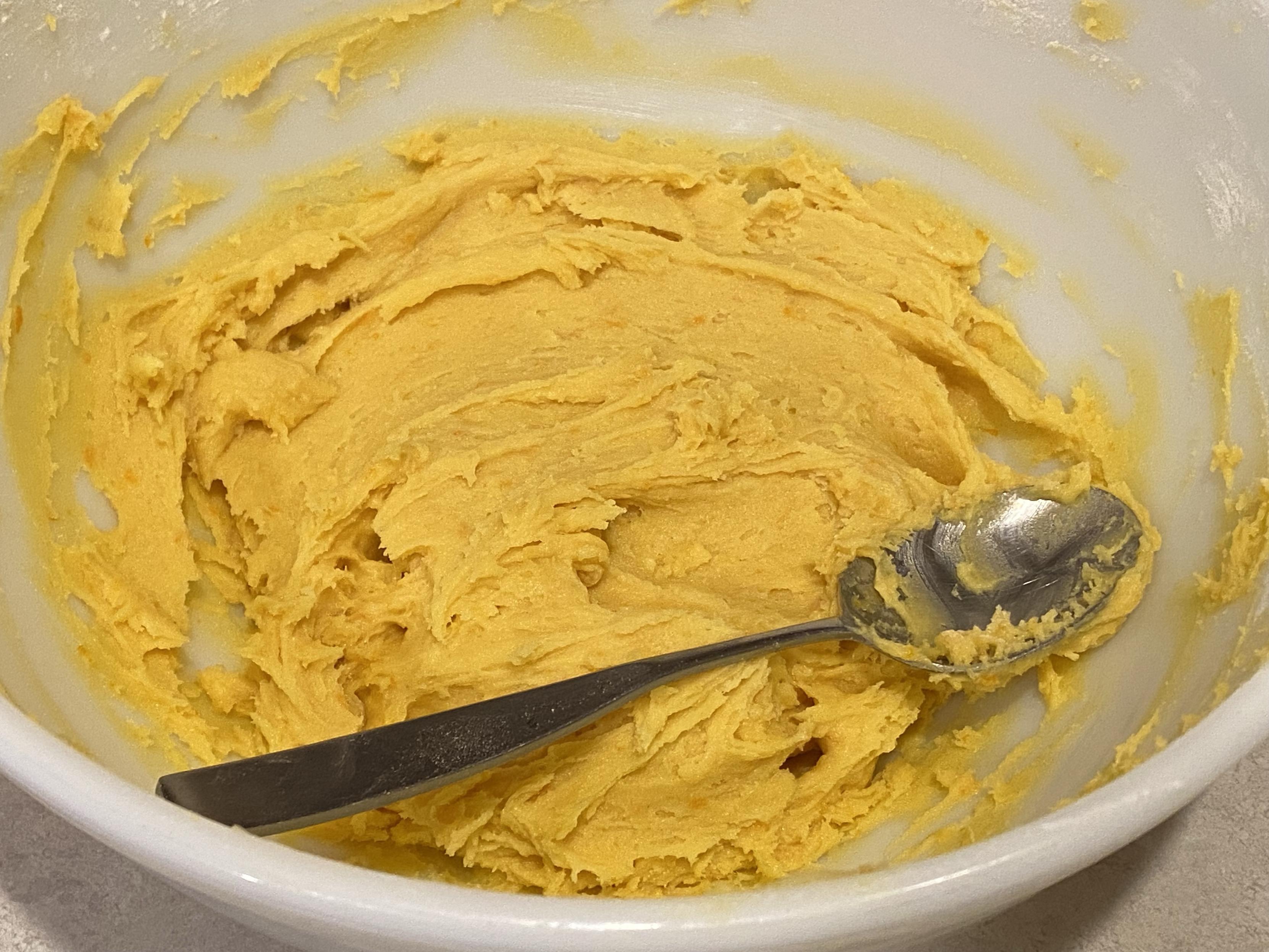 a bowl of something akin to
dough or batter. it’s very yellow