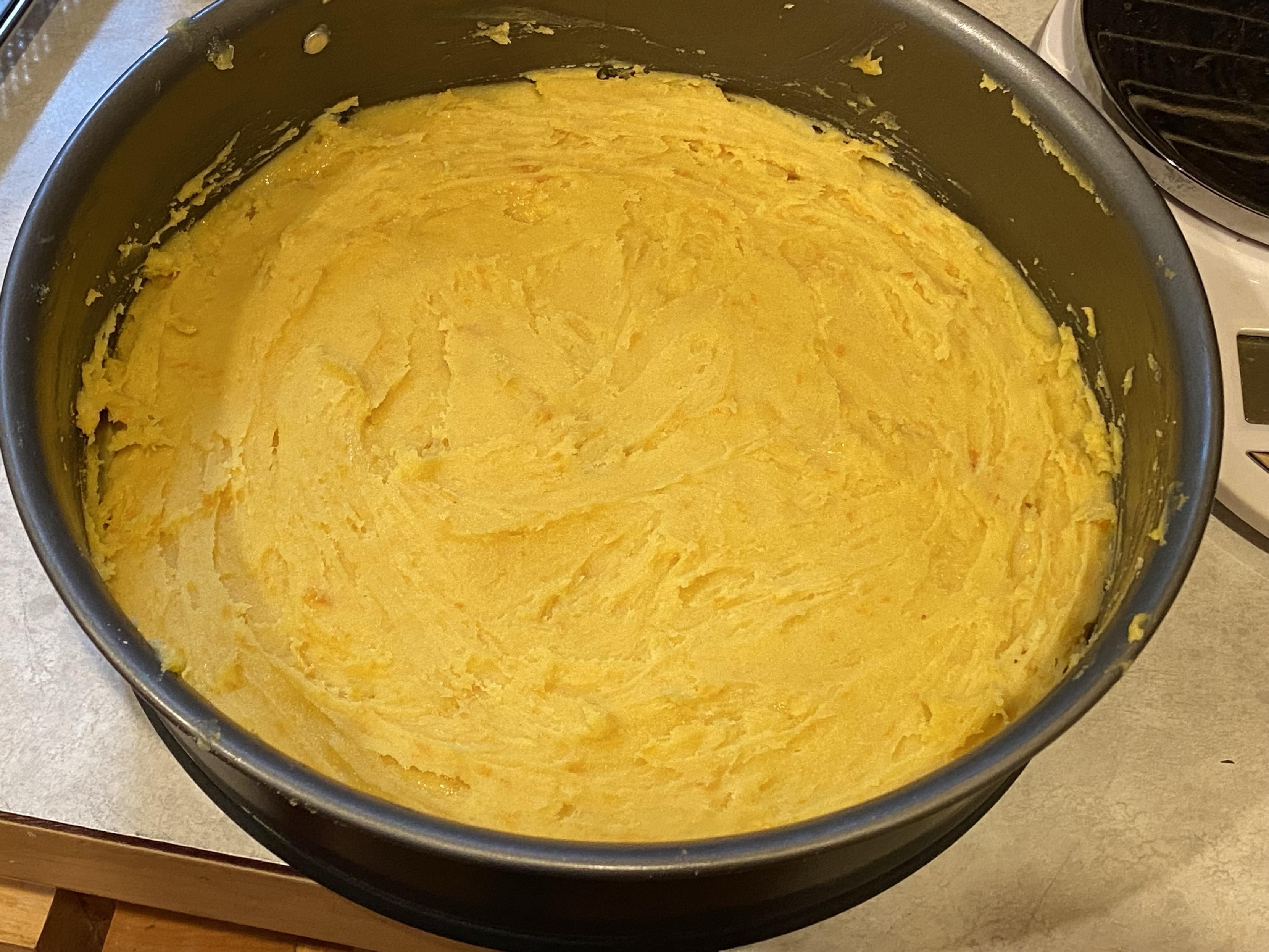 cake pan again back to yellow batter-dough