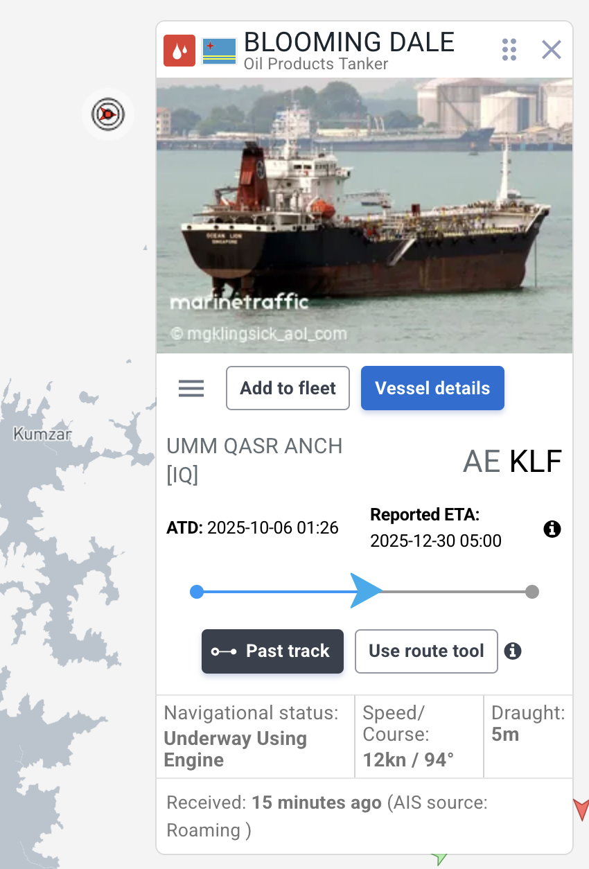 Oil products tanker BLOOMING DALE, registered in Aruba, reported under power and heading east out of the Persian Gulf via the closed Strait as of 5:54pm Cascadian Standard Time 2 March 2026, making 12 knots drawing 5 metres.