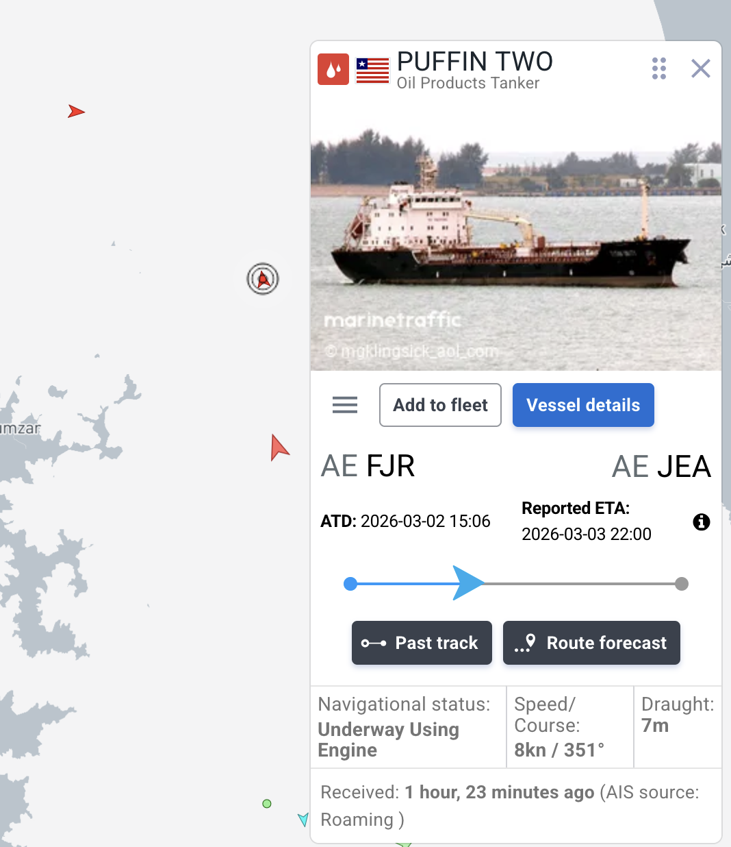 Oil products tanker PUFFIN TWO, Liberian registry, reported under power and heading north into the closed Strait, making 8 knots drawing 7 metres.  Last update roughly 4:40pm Cascadian Standard Time, 2 March 2026.