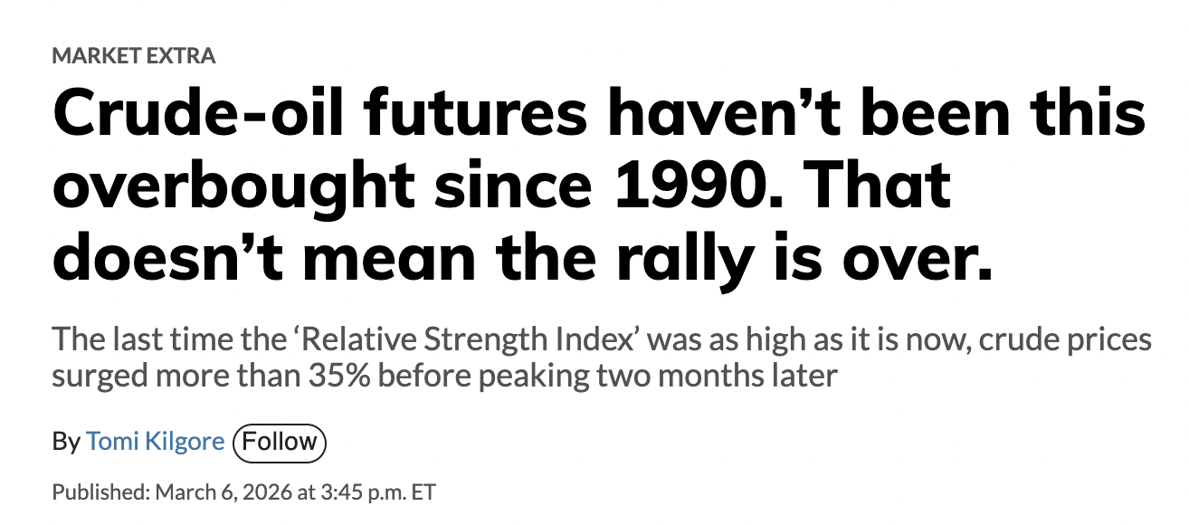 Crude-oil futures haven't been this overbought since 1990. That doesn’t mean the rally is over.

The last time the ‘Relative Strength Index’ was as high as it is now, crude prices
surged more than 35% before peaking two months later

By Tomi Kilgore
Marketwatch
March 6, 2026, 3:45pm EST