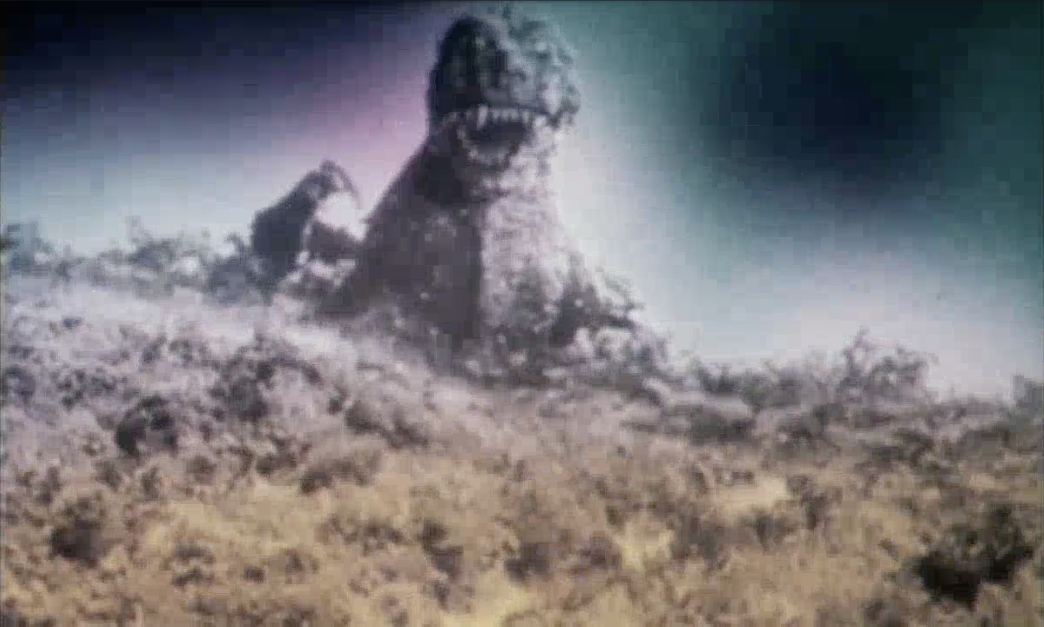 Gojira over the hill, the first time he's seen, with colour effects via gels in the ground, in the sky, pastels, with heavy compression pixelation particularly in the sky making the image weave in and out of 16-bit-style pixel art.