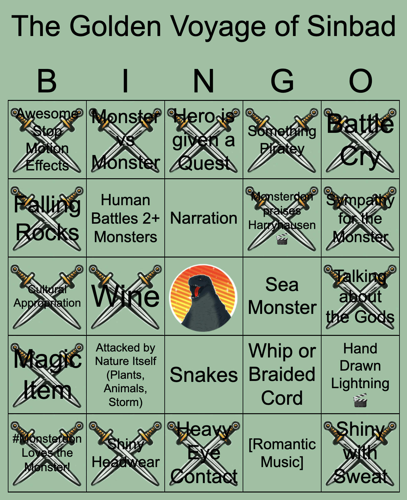 a two-bingos monsterdon bingo card for Golden Voyage of Sinbad