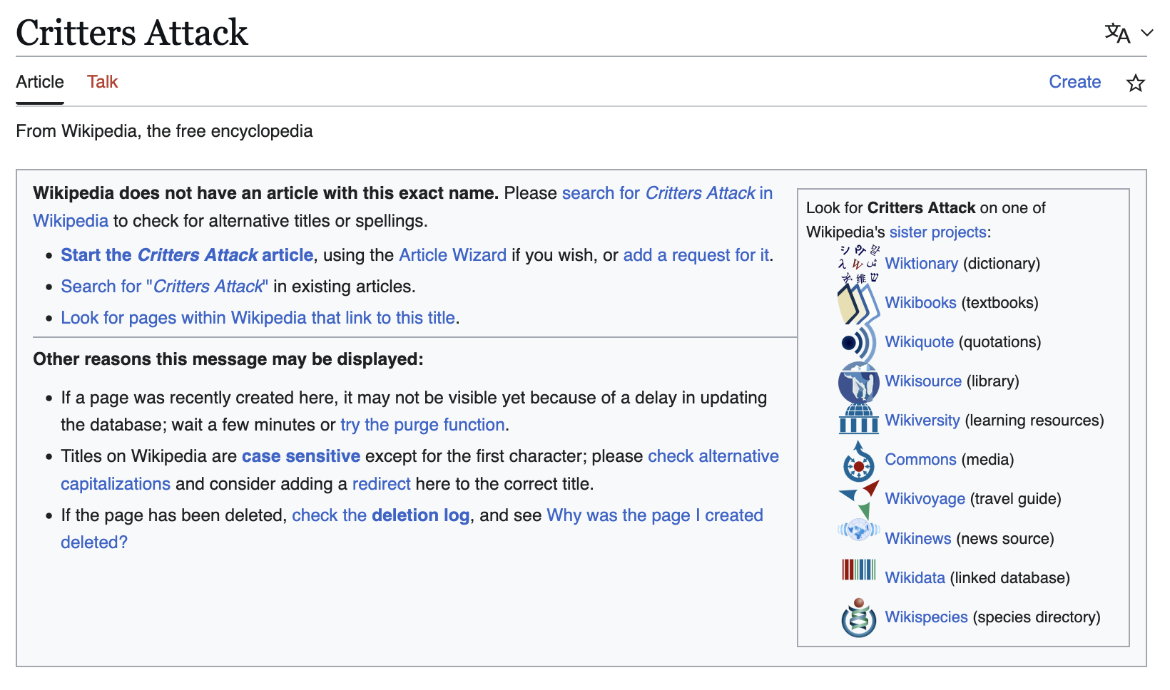 Wikipedia page at the link which is Critters Attack but there's no such article and describing how to start one.