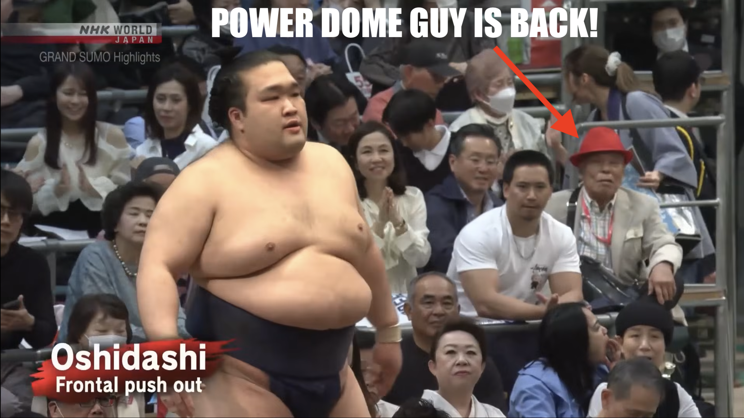 An elderly man in the audience is wearing a red cone hat that looks kind of like a DEVO power dome even if it definitely isn't one.