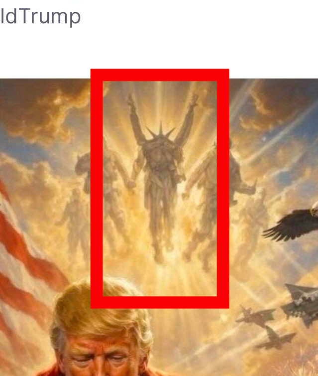clipped from the shitstain's bizarre himself-as-jesus photo iss ome kind of background sky figure that has a pointy crown kind of like the statue of liberty and two big wings up and one normal arm and one weird arm and two legs sorta but they aren't the same and basically it's all delusional batshittery