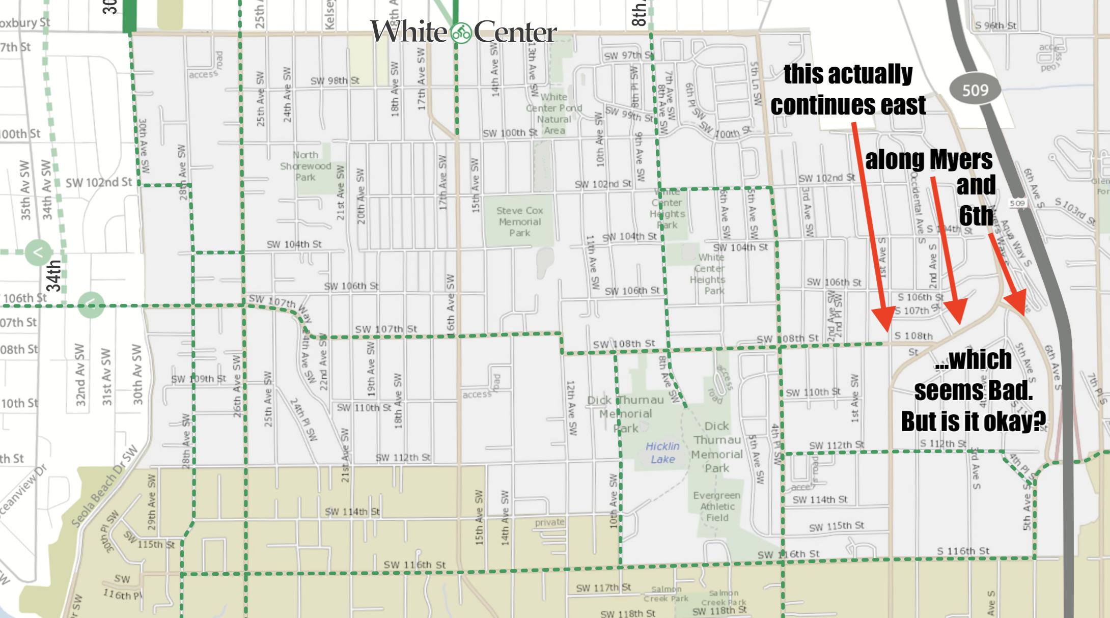 A desire-path filled-in section of Rat City/White Center map which has a desire-route stopping before it actually does in real life. IRL, it continues east onto a street called Myers which looks like death to me, before continuing onto 6th Ave S and being the third most popular approach to the _only_ way to get across I-5 on bike.