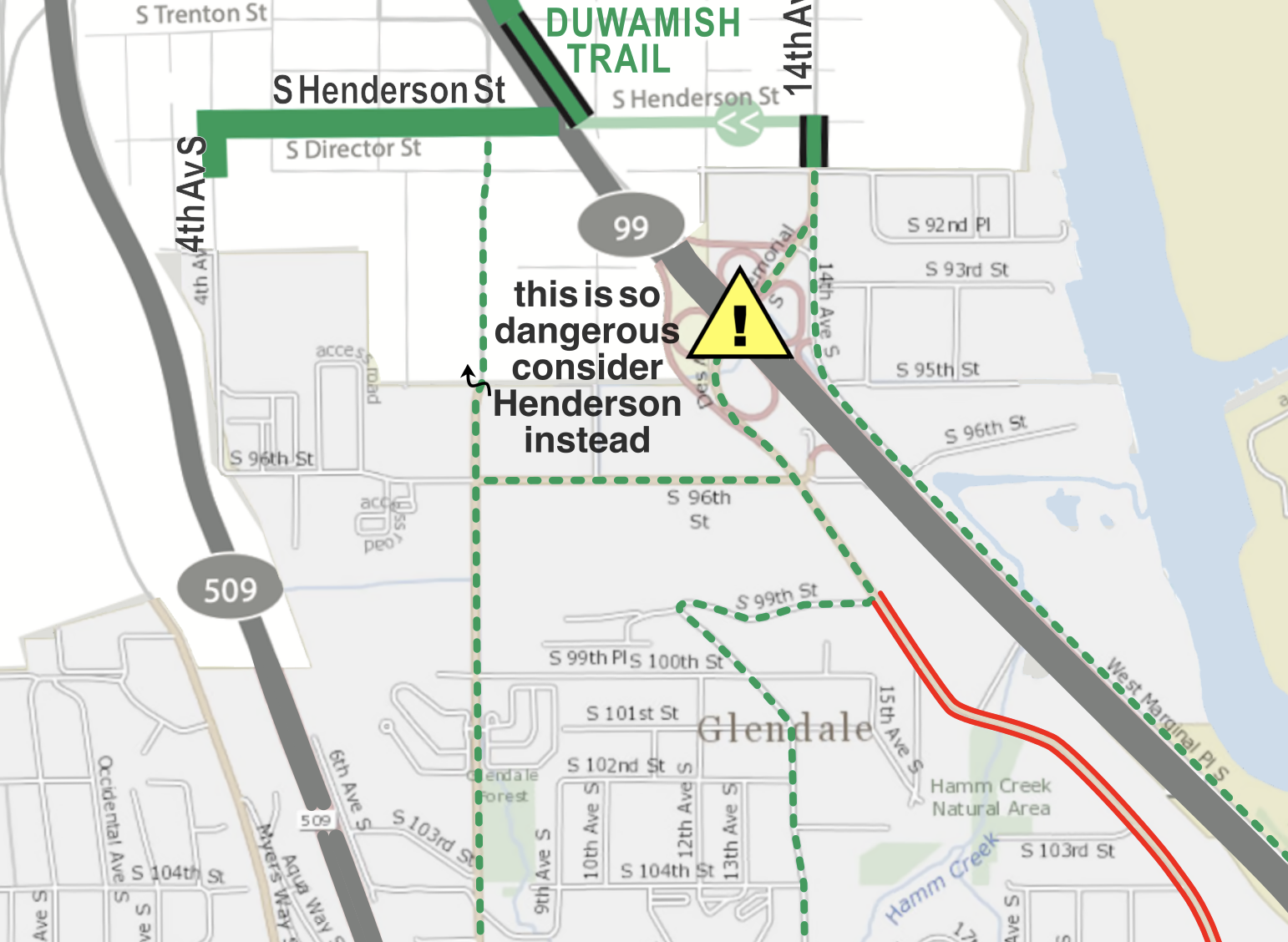 A closeup of a commonly-used crossing over highway 99 (a four-lane limited access freeway) by Des Moines Memorial which for the duration of this crossing is _also_ functionally a four-lane limited-access freeway and an old-school full cloverleaf. I have added an ALERT! yellow triangle with text "this is so dangerous consider Henderson instead" with an arrow pointing to the Henderson crossing three blocks further north, which is a bike-and-ped-only crossing over the same highway.