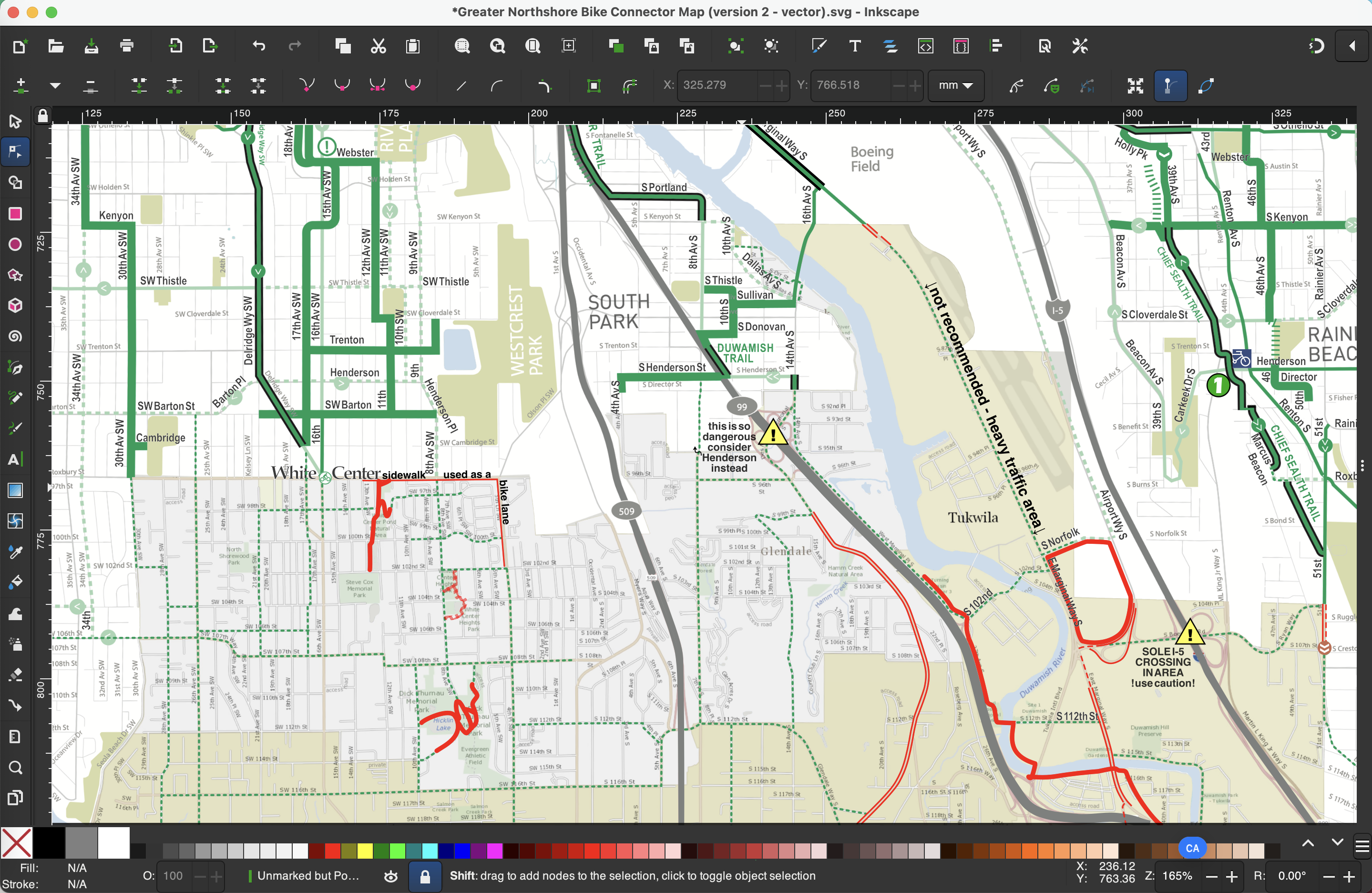 The biggest previously-open and now-filled-in area of the MEGAMAP, covering White Centre ("Rat City"), Glendale, and the northernmost chunk of Tukwila. What bike infrastructure (or close to it) that I can find has been added in reds of various patterns; popular routes filtered for _relative_ safety and sanity have been added as dashed green lines, as usual.