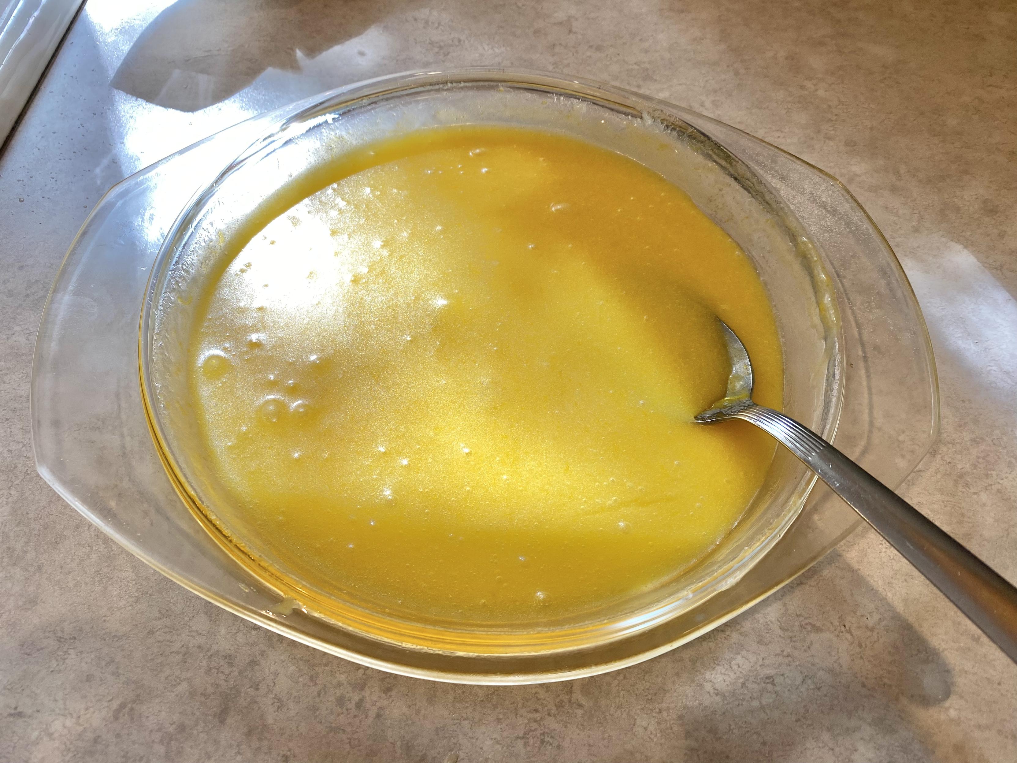 the egg mixed in, creating a stiff, almost custardy amalgam - and very, very yellow!