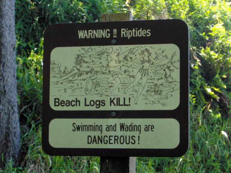 The classic BEACH LOGS KILL! sign from the Washington State coast, which also includes the phrases "WARNING !! Riptides" and "Swimming and Wading are DANGEROUS !" along with a very 1970s ink drawing of a giant log flying in the air from the ocean at a bunch of panicking beachcombers and swimmers who are fleeing for their lives.
