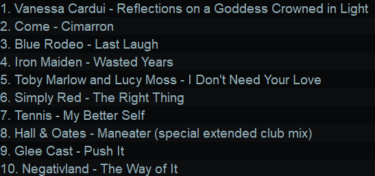 1. Vanessa Cardui - Reflections on a Goddess Crowned in Light
2. Come - Cimarron
3. Blue Rodeo - Last Laugh
4. Iron Maiden - Wasted Years
5. Toby Marlow and Lucy Moss - | Don't Need Your Love
6. Simply Red - The Right Thing
7. Tennis - My Better Self
8. Hall & Oates - Maneater (special extended club mix)
9. Glee Cast - Push It
10. Negativland - The Way of It