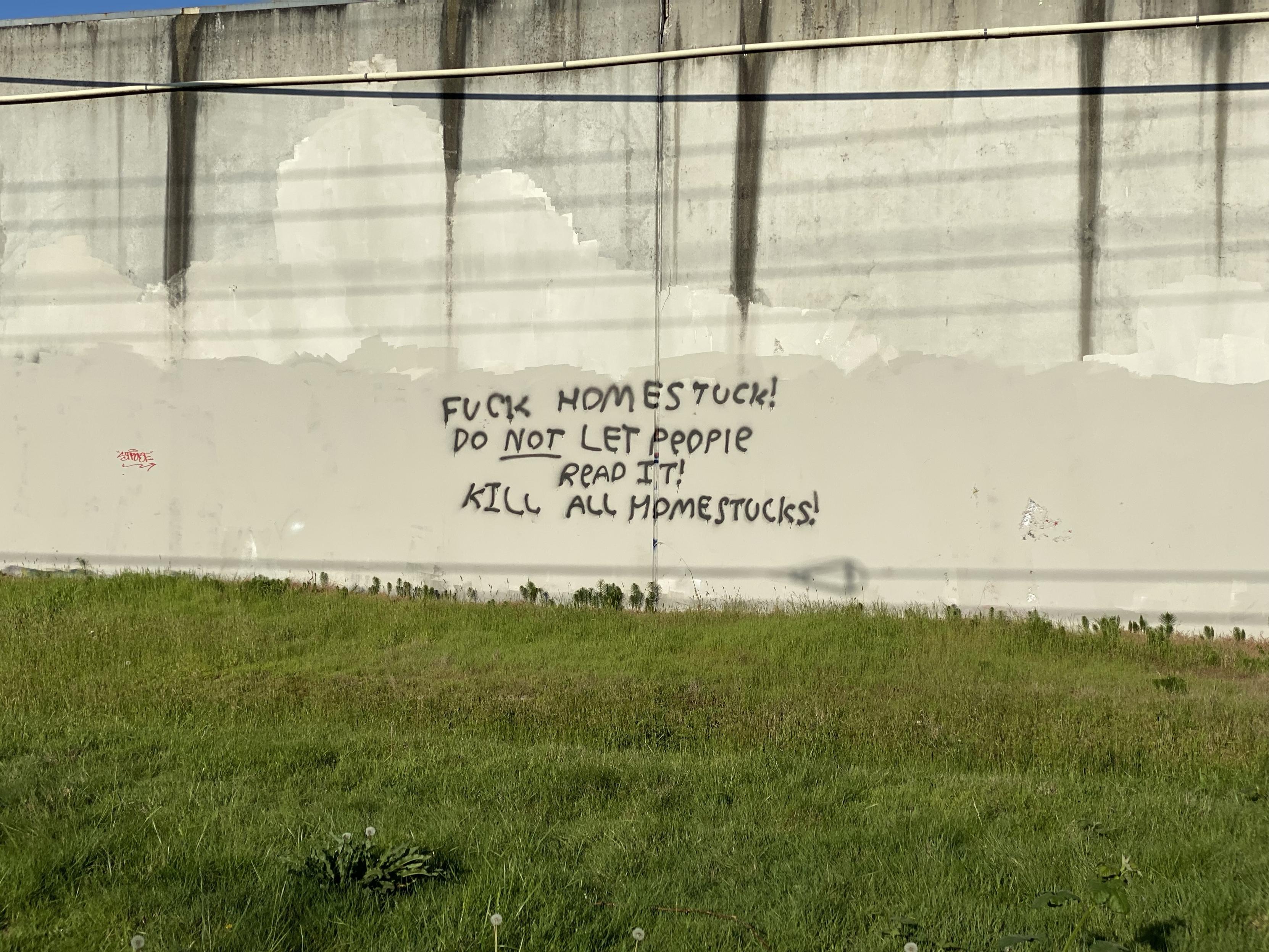a wall next to the interurban trail graffitied with “fuck homestuck / do NOT let people read it / kill all homestucks”