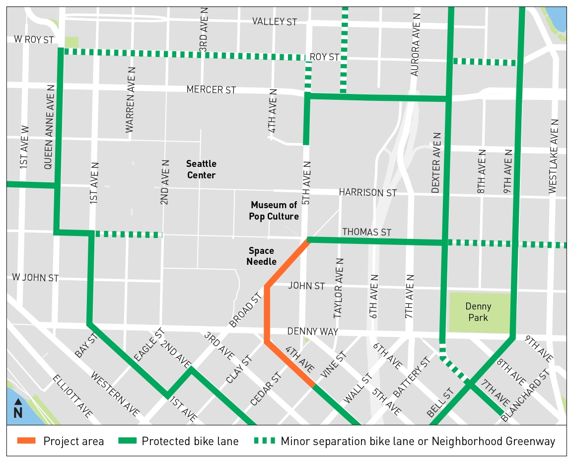 A chunk of map around Seattle Centre showing bike infrastructure, including some incomplete, particularly a section in orange next to the Space Needle along Broad starting at Thomas before turning down and connecting to 4th Ave across Denny, then linking up to existing lanes at Vine.